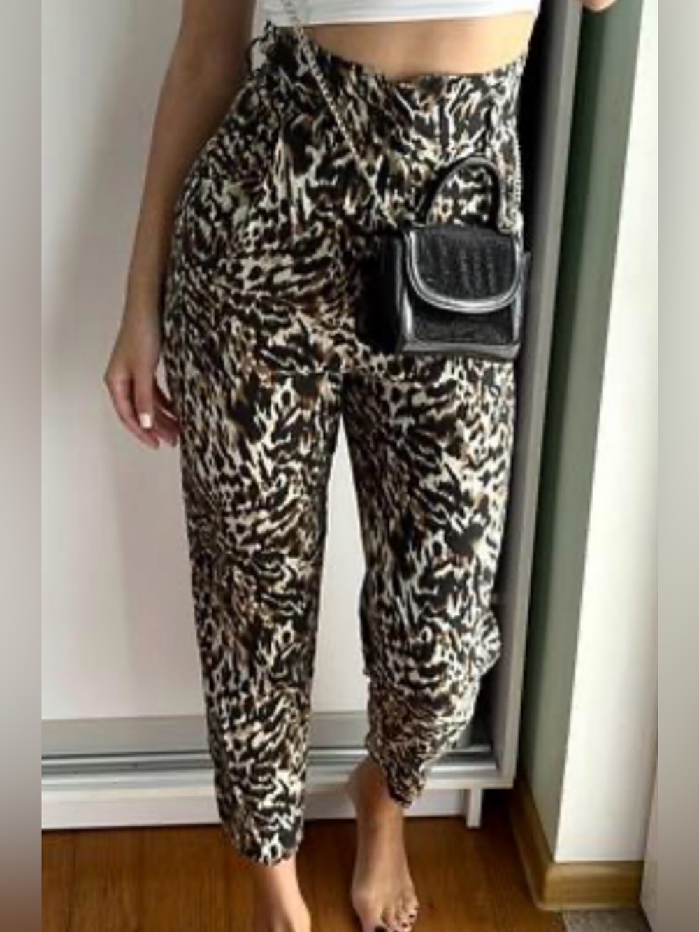 Zara linen blend leopard animal  pant S vacation beach high waist paper bag